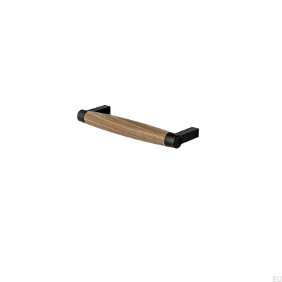 Puxador para móveis oblongo Hjo 128, metal preto mate com madeira de carvalho