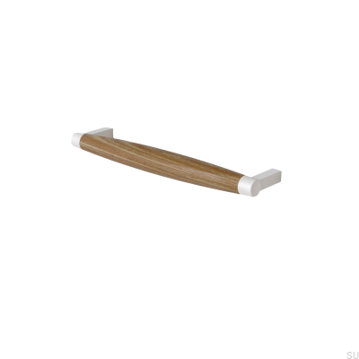 Puxador para móveis oblongo Hjo 192, metal branco mate com madeira de carvalho