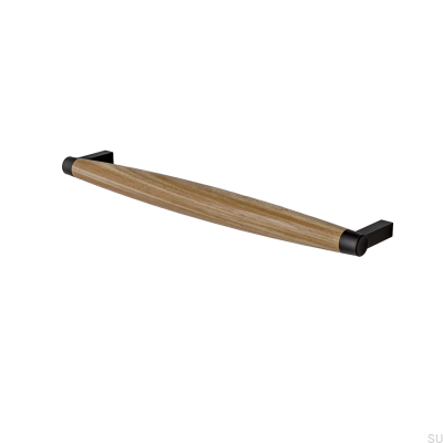 Puxador para móveis oblongo Hjo 256, metal preto mate com madeira de carvalho