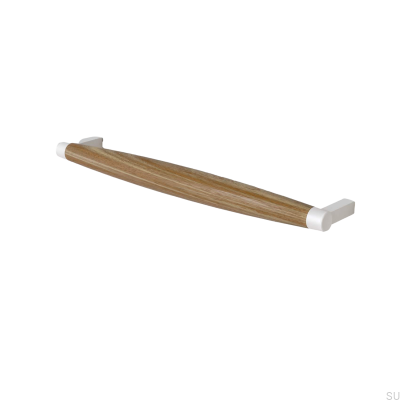 Puxador para móveis oblongo Hjo 256, metal branco mate com madeira de carvalho