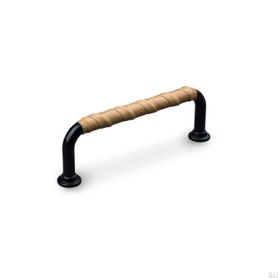 Puxador para móveis Burano Wrapped 96 oblongo Metal Preto com Couro Marrom Claro