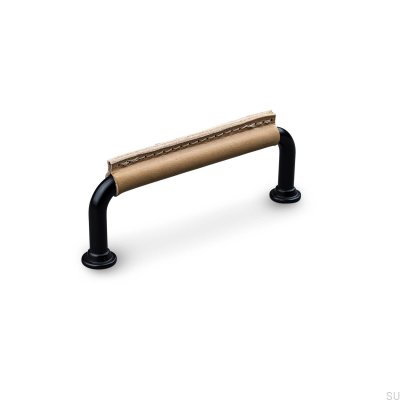 Puxador de móveis oblongo costurado Burano 96 metal preto com couro marrom claro