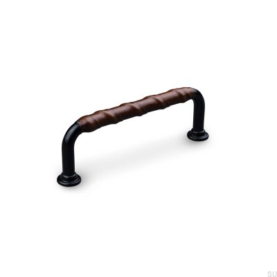 Puxador para móveis oblongo Burano Wrapped 96, metal preto com couro marrom