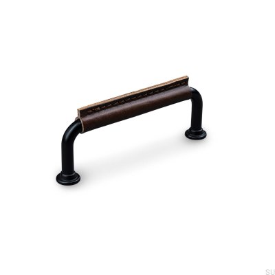 Puxador para móveis oblongo Burano costurado 96, metal preto com couro marrom