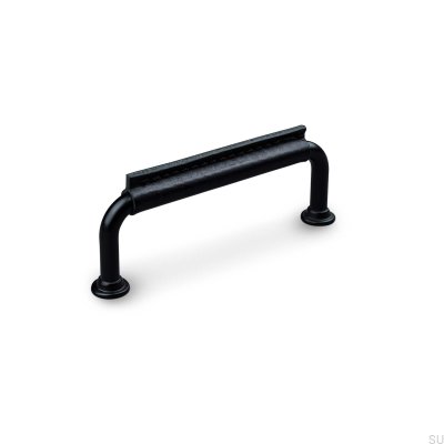 Puxador para móveis oblongo Burano costurado 96, metal preto com couro preto