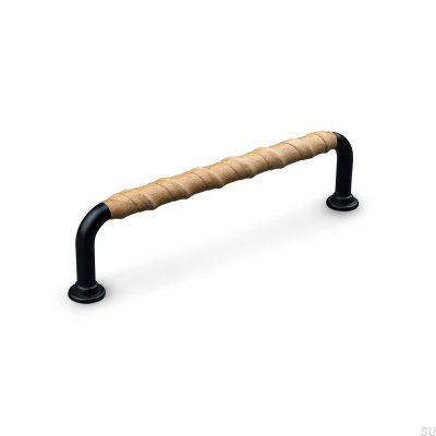 Burano Wrapped 128 puxador de móvel oblongo Metal Preto com Couro Marrom Claro