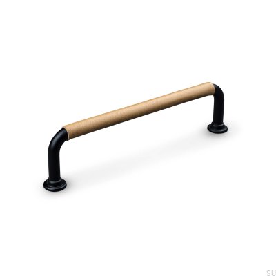 Puxador de móvel Burano Swept 128 oblongo Metal Preto com Couro Marrom Claro