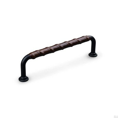 Puxador para móveis Burano Wrapped 128 oblongo, metal, preto com couro marrom