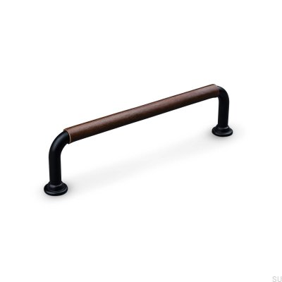 Puxador para móvel Burano Swept 128 oblongo, metal preto com couro marrom