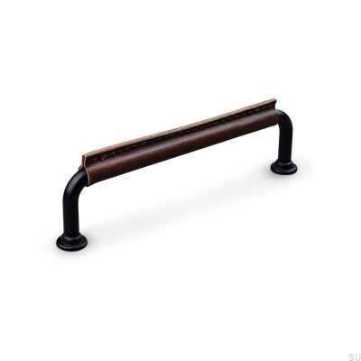  Puxador para móveis oblongo Burano costurado 128, metal preto com couro marrom