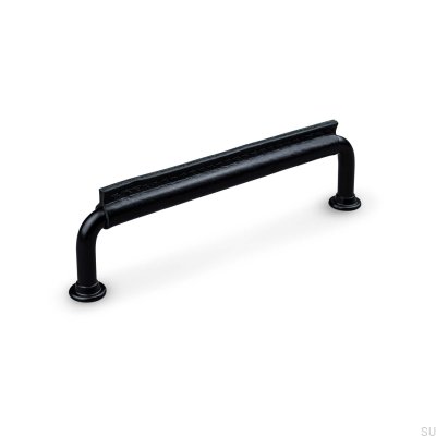  Puxador para móveis oblongo Burano costurado 128, metal preto com couro preto