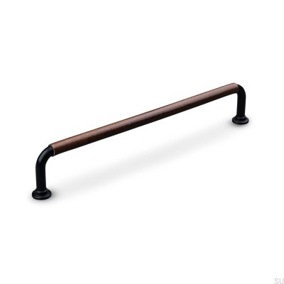 Puxador para móvel Burano Swept 192 oblongo, metal preto com couro marrom
