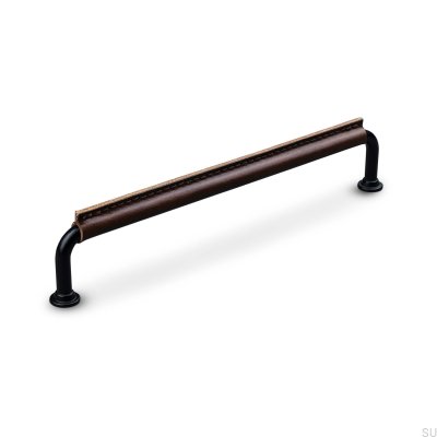 Puxador para móveis oblongo Burano costurado 192, metal preto com couro marrom