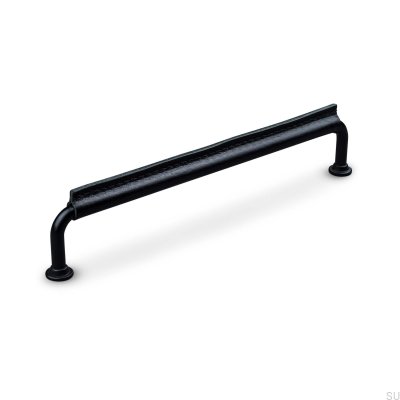 Puxador para móveis oblongo Burano costurado 192, metal preto com couro preto