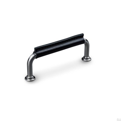 Puxador de móvel oblongo Burano Stitched 96 Prata escovado com couro preto