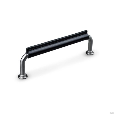 Puxador de móvel oblongo Burano Stitched 128 Prata escovado com couro preto