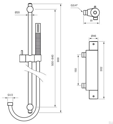Conjunto de duche com torneira termostática EVM168-150+ZSAL300 Latão cromado