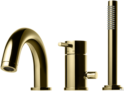 Torneira para banheira com três furos com bica e chuveiro BI047, Honey Gold Brass