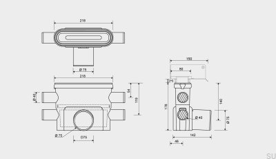 Módulo de drenagem com saída horizontal de 75 mm com sifão removível e quatro conexões laterais