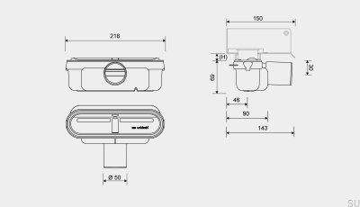 Módulo de drenagem com saída horizontal de 50 mm com sifão removível e perfil de montagem baixo