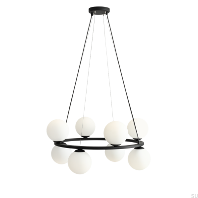Luminária Pendente Krone 8 Metal Preta com Abajur Leitoso