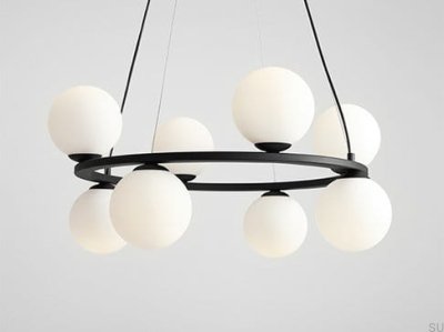 Luminária Pendente Krone 8 Metal Preta com Abajur Leitoso
