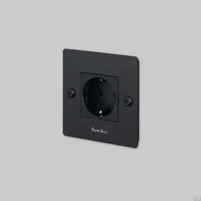 Tomada simples com logotipo Tipo F Linear 1G em aço preto, padrão europeu.