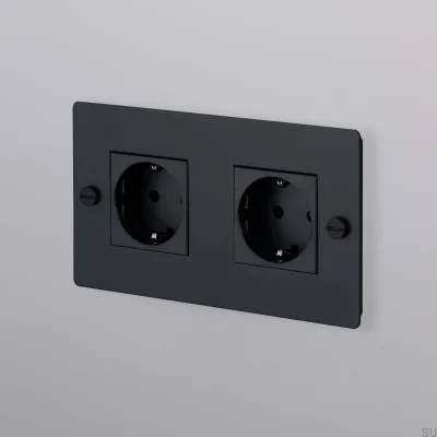 Soquete duplo tipo F cruzado 2G em aço preto, padrão europeu.