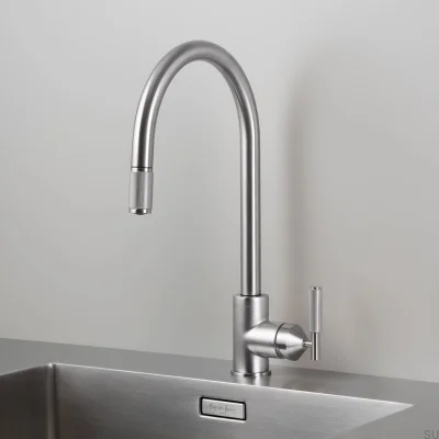 Torneira de cozinha extensível Cross em latão prateado com conector britânico