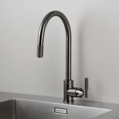 Torneira de cozinha Cross Brass Gun Metal com bico extensível e conector britânico.