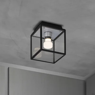 Luminária de teto em aço prateado com gaiola para proteção contra umidade