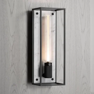 Luminária de parede em forma de cruz com gaiola, em aço e mármore branco.