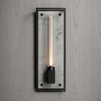 Luminária de parede em forma de cruz com gaiola, em aço e mármore branco.