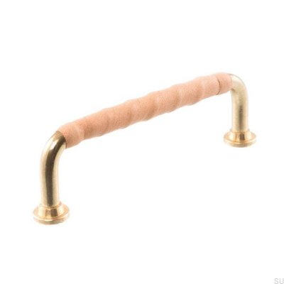 Puxador de móvel oblongo LL 1353 96 Latão polido com couro natural