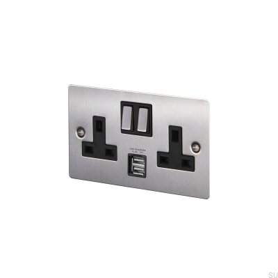 Tomada dupla USB tipo G, padrão britânico, 2G, em aço prateado.