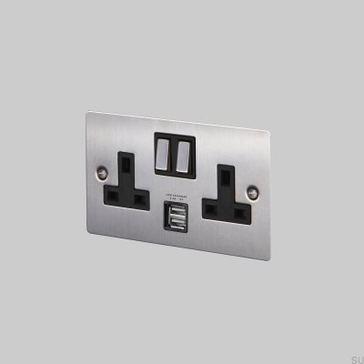 Tomada dupla USB tipo G, padrão britânico, 2G, em aço prateado.