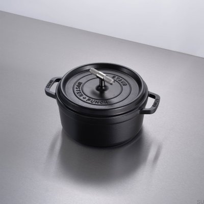 Panela Cocotte Staub de 3,7 L em aço preto com cabo prateado serrilhado