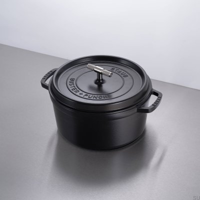 Panela Cocotte Staub de 6,7 litros em aço preto com cabo prateado serrilhado