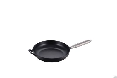 Frigideira Staub de 28 cm em aço preto com cabo prateado serrilhado
