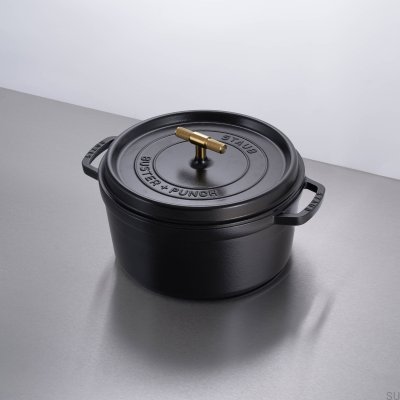 Panela cocotte Staub de 6,7 L em aço preto com alça de latão serrilhada