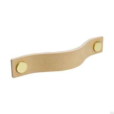 Puxador de móvel longo Loop 128, couro natural com latão