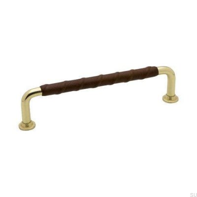 Puxador de móveis alongado 1353 128 Latão Dourado Castanho Polido Couro natural
