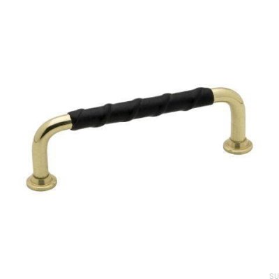 Puxador de móvel alongado 1353 96 Ouro Latão Preto Polido Couro natural