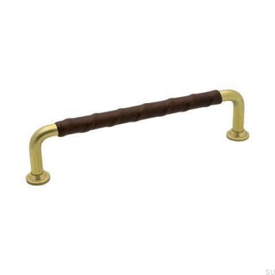 Puxador de móveis alongado 1353 128 Latão Dourado Sem Pintura Couro Castanho Natural