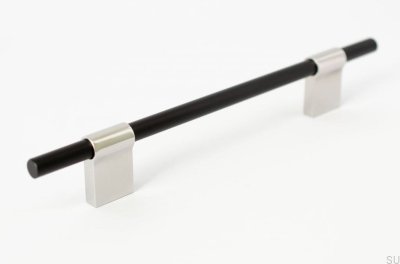 Puxador de móvel oblongo Line Mix 128. Metal preto com aço polido