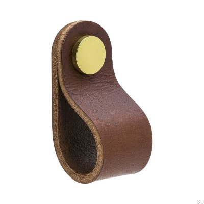 Puxador para móveis Loop Round 65, couro marrom e dourado